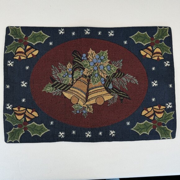 Vintage Set Of 4 Christmas Bell and Holly Tapestry Placemats Holiday 18"x12" - Picture 3 of 7